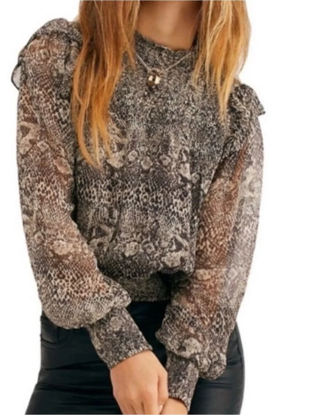 #595 FREE PEOPLE Roma Sheer Smocked-Neck Animal Print Blouse - Black & White